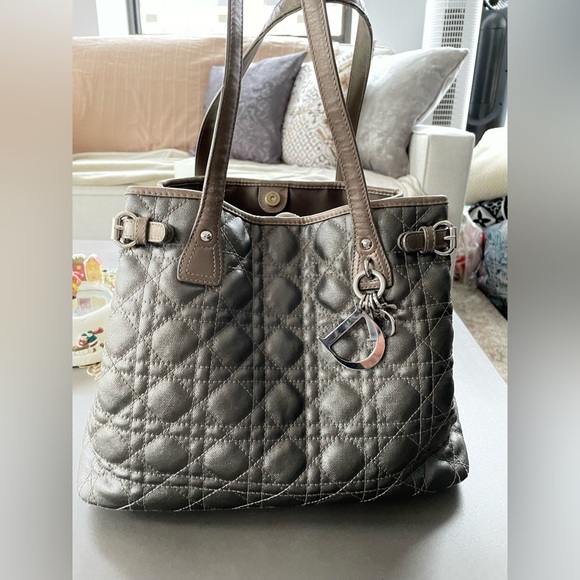 ✨SOLD✨Christian Dior Panarea Cloth Quilt Metallic Gray Tote Bag Silver Hardware - Picture 6 of 16